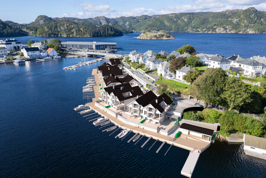 Farøy Brygge sett fra luften med Badehuset i front