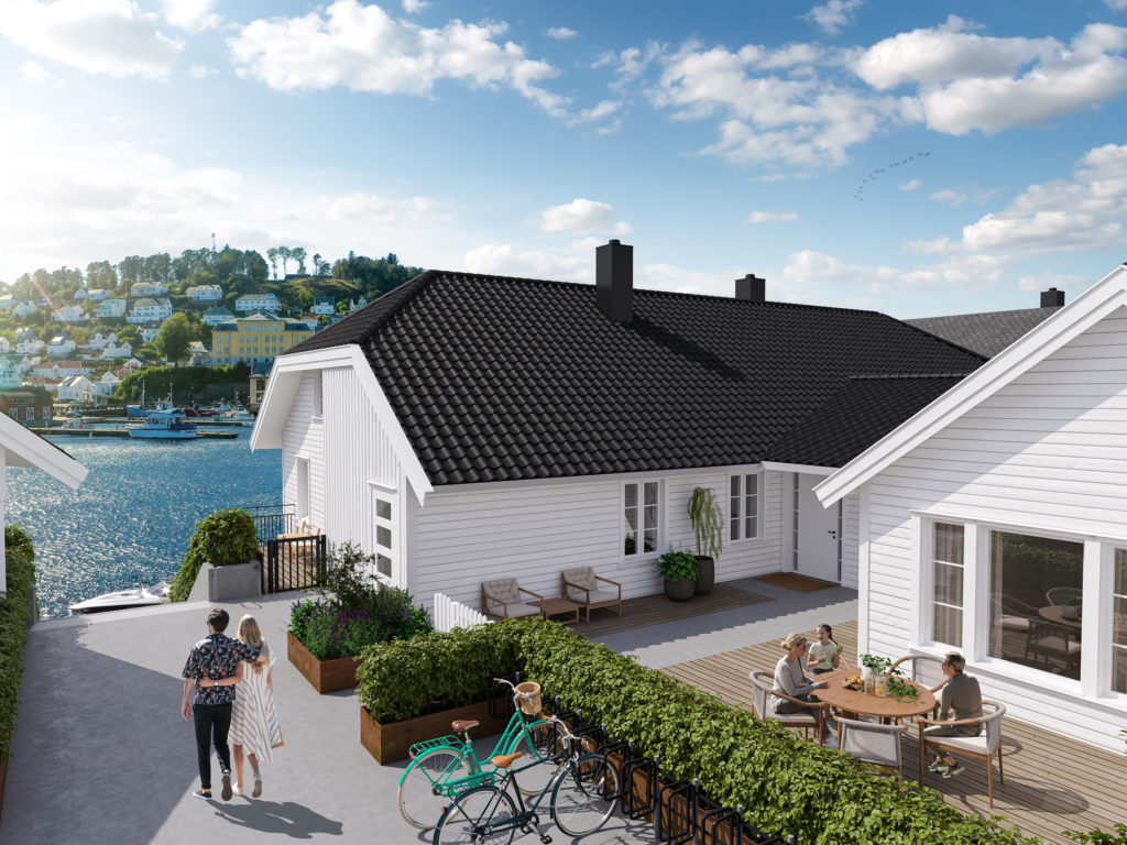 Bygningene på Farøy Brygge har boliger på to nivåer. Boligene på nedre nivå har egen uteplass ut mot bryggen. Boliger på øvre nivå har romslig veranda mot havnebassenget og egen uteplass, som vist på denne illustrasjonen.